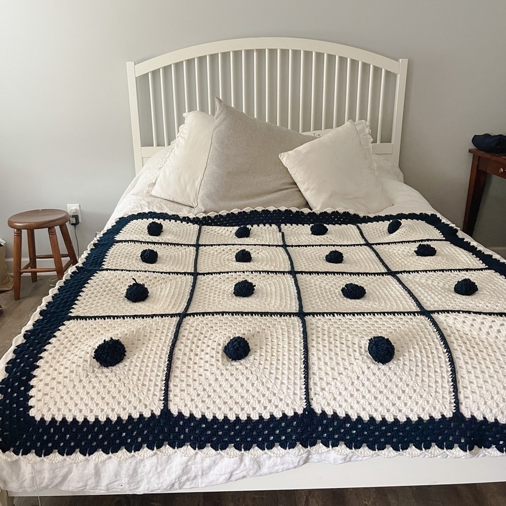Vintage Handmade Blue White Pom Pom Granny Afghan Blanket 60x60